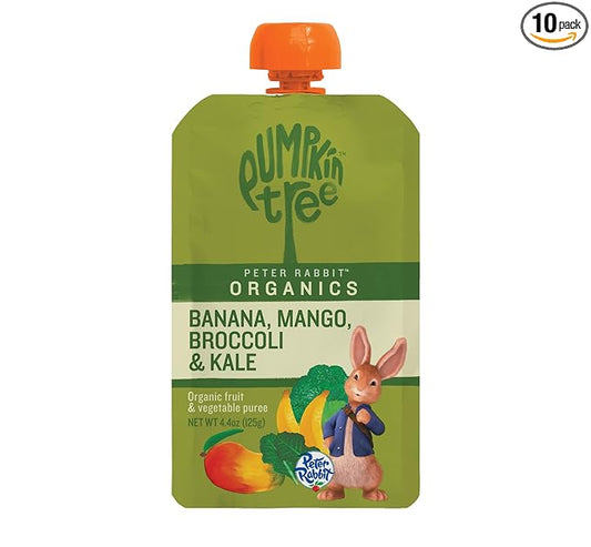 Pumpkin Tree Peter Rabbit Organics, Banana, Mango, and Kale, 4 Squeeze Pouch, Mango, Broccoli & Kale, 4.4 Ounce (Pack of 10)