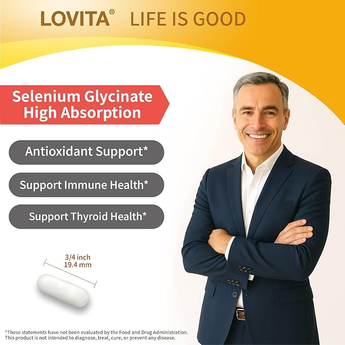 Lovita Selenium 200 mcg, Glycinate Chelated Form for High Absorption, Yeast Free, Immune & Thyroid Health Support 100 Vegan Capsules (Pack of 3)
