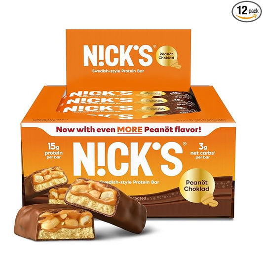NICKS Protein Bars Chocolate Peanut | 15g protein | 200 calories | Low Carb Keto Friendly Snacks No Added Sugar (Multipack 12 bars x 50g)