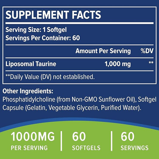 Taurine 1000mg - Liposomal Taurine Amino Acid Supplement for Heart, Liver, and Brain, Longevity - High Absorption, Vegan & Gluten Free (60 Softgels - 2 Pack)