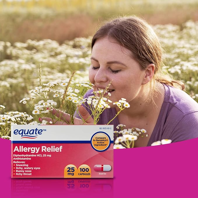 Equate Allergy Relief Capsules, 25 mg, 100 Ct 25 mg (2 Items)