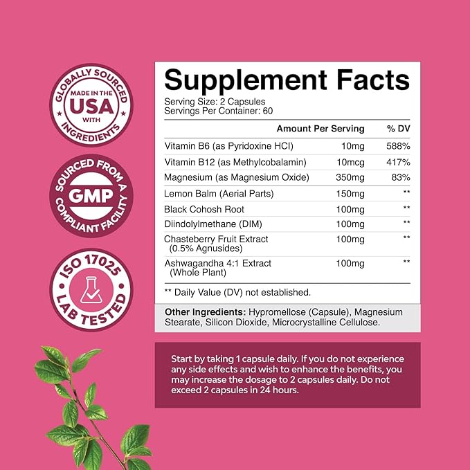 PMS Support Supplement for Women – Menstrual Hormone Balance for Women with DIM, Chasteberry, Black Cohosh & Ashwagandha - for Period Cramps Relief, Menopause Bloating, Mood Swing – 120 Capsules