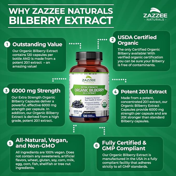 Zazzee USDA Organic Bilberry 20:1 Extract, 6000 mg 120 Vegan 4 Month 20X Extract, 100% Vegetarian,