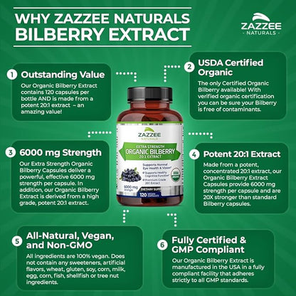 Zazzee USDA Organic Bilberry 20:1 Extract, 6000 mg 120 Vegan 4 Month 20X Extract, 100% Vegetarian,