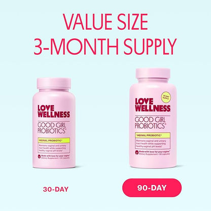 Love Wellness Good Girl Probiotics | Women's Vaginal Health Supplement | Vaginal Probiotics for Women pH Balance & Urinary Tract Health | Support Vaginal Odor & Flora | 90 Count