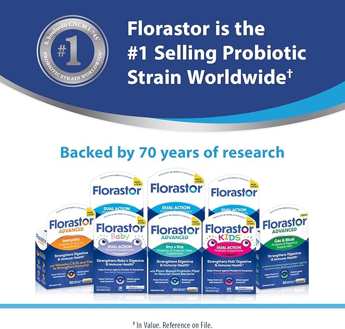 Florastor Probiotics for Digestive and Immune Health, 54 Capsules, Probiotics for Women & Men, Helps Flush Out Bad Bacteria, Boosts The Good with Our Strain Saccharomyces Boulardii, Packaging May Vary