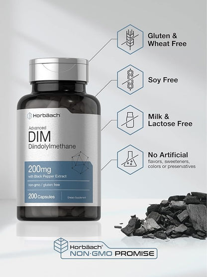 Horbäach DIM Supplement | 200mg | 200 Capsules | for Women and Men | Advanced Diindolylmethane | with Black Pepper Extract | Non-GMO, Gluten Free