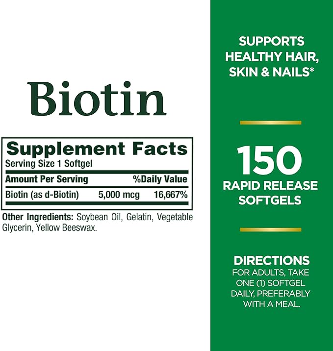 Nature's Bounty Biotin, Vitamin Supplement, Supports 5000 mcg, 150 Softgels