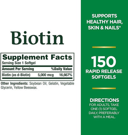 Nature's Bounty Biotin, Vitamin Supplement, Supports 5000 mcg, 150 Softgels