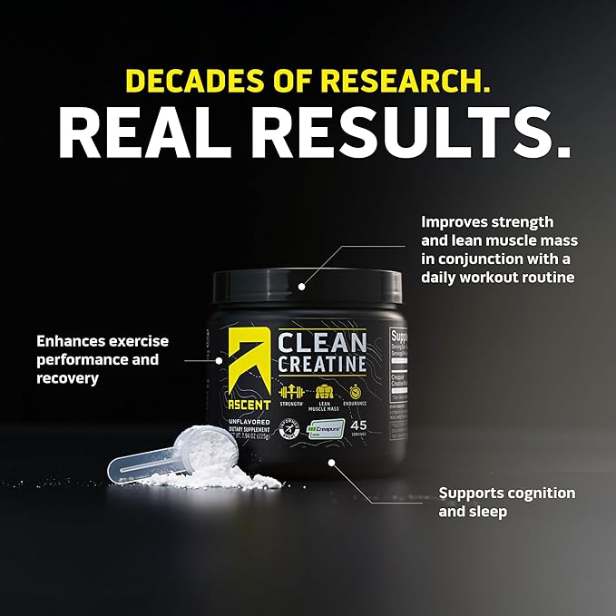 Ascent Clean Creatine Monohydrate Powder - 5G Per Serving, Creapure Creatine Supplement - Unflavored, 45 Servings