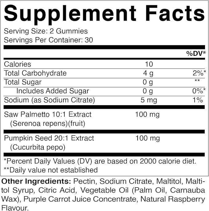 Vitamatic 2 Packs Sugar Free Pumpkin Seed Gummies - Made with Saw Palmetto - Natural Raspberry Flavor - 60 Count