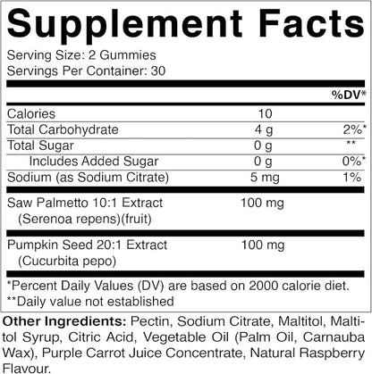 Vitamatic 2 Packs Sugar Free Pumpkin Seed Gummies - Made with Saw Palmetto - Natural Raspberry Flavor - 60 Count