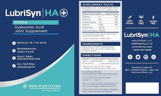 Lubrisyn HA with MSM - Proprietary Vegan Joint Relief Edible Supplement Made in USA for Humans - 30 Day Supply of Liquid Hyaluronic Acid Formula for Healthy Joints