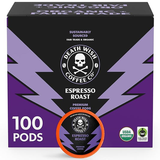 Death Wish Coffee - Single Serve Pods - Dark Roast Coffee Pods - Made with USDA Certified Organic (Espresso Roast, 100 Count)