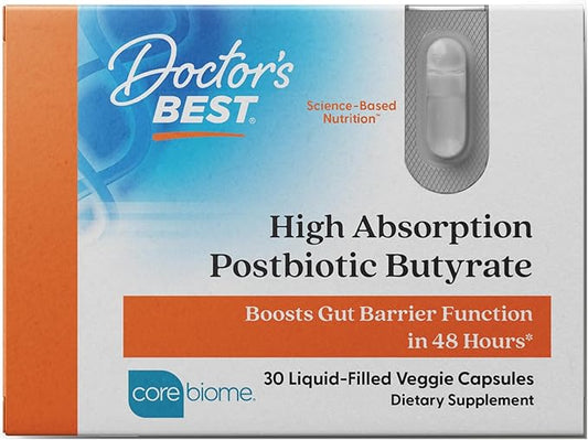 Doctor's BEST High Absorption Postbiotic Butyrate Featuring Corebiome, Gut & Immune Health, Non-GMO, Gluten Free, Soy Free, Vegan, 30 Liquid Veggie Caps