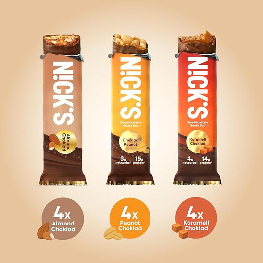 Nick's Protein Bars Variety Pack | 15g protein | 190 calories | Low Carb Keto Friendly Snacks No Added Sugar (Multipack 12 bars x 50g)