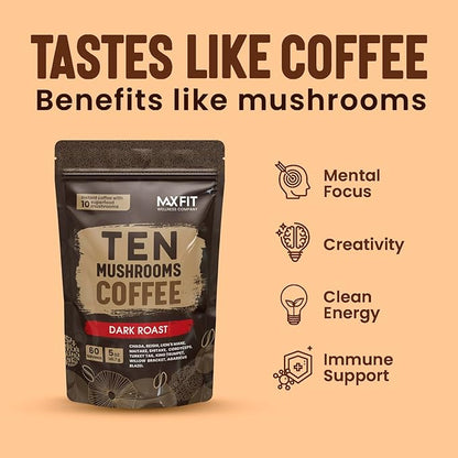 Instant Mushroom Coffee Dark Roast Organic (60 Servings) With 10 Mushrooms (Lions Mane, Cordyceps, Turkey Tail & Other) Mixed With Gourmet 100% Arabica Instant Coffee for Focus & Gut Health Support