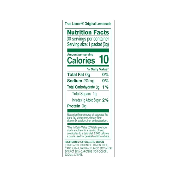 TRUE LEMON Original Lemonade Drink Mix| Made from Real Lemon | No Preservatives, No Artificial Sweeteners, Gluten Free | Water Flavor Packets & Water Enhancer with Stevia 30 Count (Pack of 1)