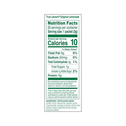 TRUE LEMON Original Lemonade Drink Mix| Made from Real Lemon | No Preservatives, No Artificial Sweeteners, Gluten Free | Water Flavor Packets & Water Enhancer with Stevia 30 Count (Pack of 1)