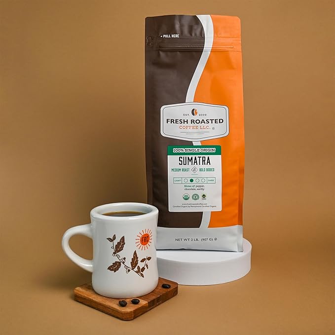 Fresh Roasted Coffee, Organic Sumatra | 2 lb (32 oz) |100% Single Origin | Medium Roast | RFA Kosher | Whole Bean