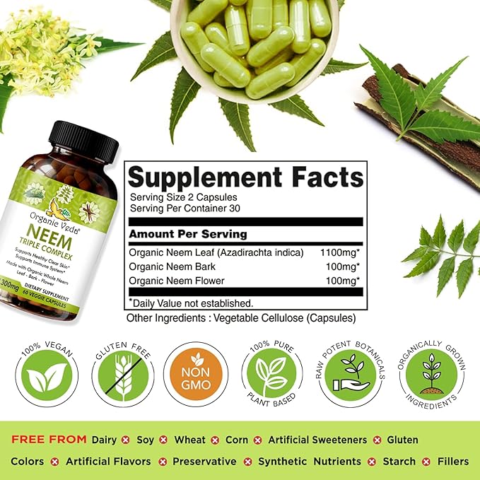 Organic Veda Neem Capsules with Triple 60 Count