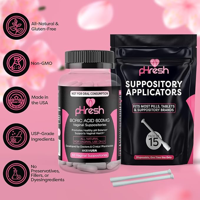 pHresh Boric Acid Vaginal Suppositories 600mg (30 Count Veggie Capsules) + 15 Vaginal Suppository Applicators - Supports Vaginal Health & Promotes Healthy pH Balance - Made in The USA