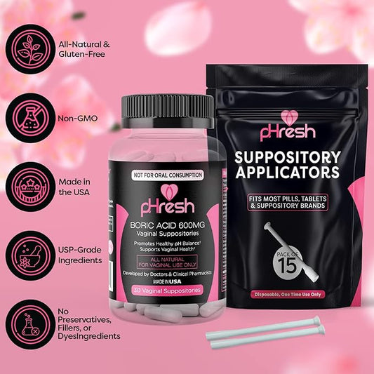 pHresh Boric Acid Vaginal Suppositories 600mg (30 Count Veggie Capsules) + 15 Vaginal Suppository Applicators - Supports Vaginal Health & Promotes Healthy pH Balance - Made in The USA