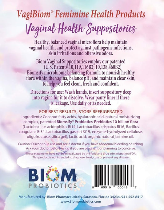 Biom Probiotic Suppository: Natural Vaginal pH and Odor Control Regimen; Balance and Nourishes Vaginal Microbiome; No Parabens (30)