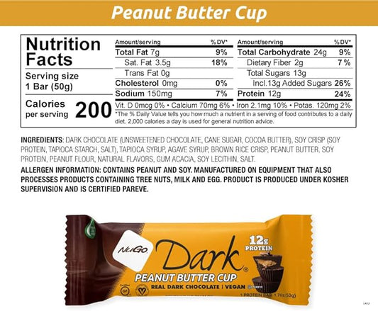 NuGo Dark Chocolate Peanut Butter Cup, 12g Protein Bar, Vegan, Gluten Free, Non-GMO, Kosher Pareve 12 Count
