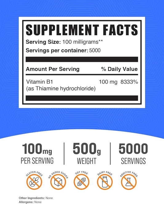 BulkSupplements.com Thiamine HCl Powder - Thiamine Hydrochloride, B1 Vitamins, Thiamine B1 Supplement, Thiamine 100mg - Gluten Free, 100mg per Serving, 500g (1.1 lbs) (Pack of 1)