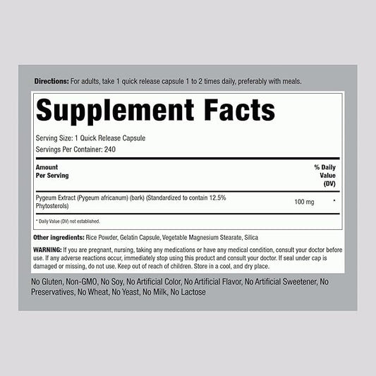 Piping Rock Pygeum Supplement 100mg | 240 Count | Standardized Extract | Non-GMO, Gluten Free