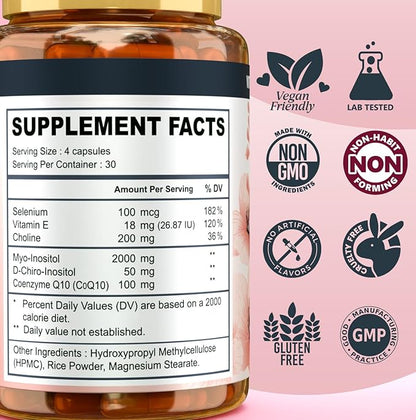Myo-inositol & D-chiro Inositol Supplement for Women - Ideal 40:1 Ratio Complex for Fertility, Hormonal Balance, Menstrual Cycle & Ovarian Health Support with CoQ10, Choline & Selenium - 120 Capsules