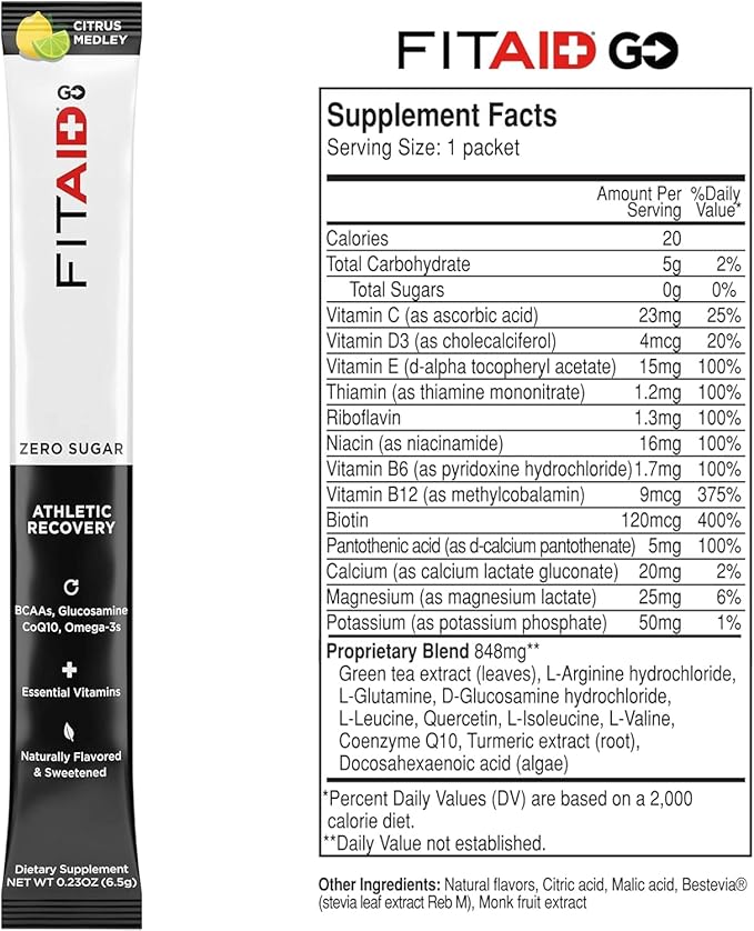 FITAID GO ZERO SUGAR Recovery Hydration Omega-3s, 100% 100% Clean, 5 calories, 14 pack