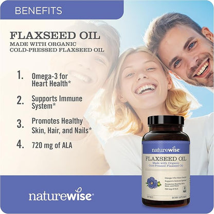 NatureWise Flaxseed Oil 1200mg Softgels 720mg ALA, 3 6 6 9, 9, Supplement 240 Softgels[4-Month Softgels[4-Month Supply]