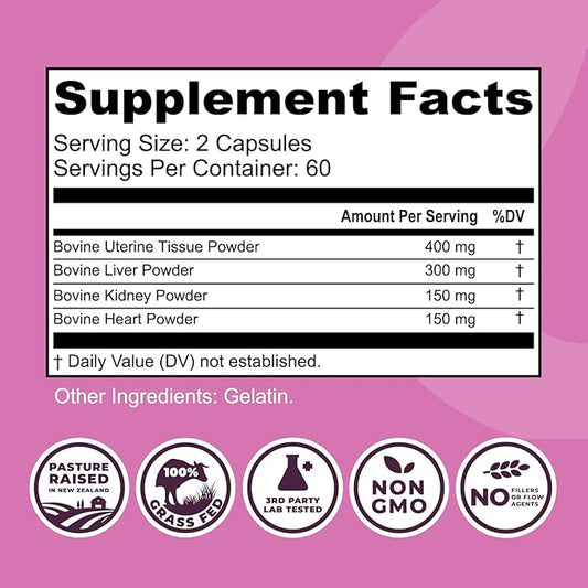 Beef Organ Supplement for Women - Beef Liver, Kidney, Heart and Uterus Tissue, Supports Women's Overall Energy and Health - Pasture Raised in New Zealand - No Fillers or Flow Agents - 120 Capsules