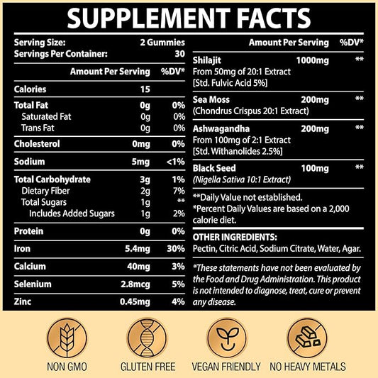 1500MG Shilajit Gummies for Men & Women, Shilajit Pure Himalayan Organic, with Ashwagandha, Sea Moss, Black Seed, Rich in Fulvic Acid, 85+ Trace Minerals, Authentic Flavor, 100% Natural, 120 Gummies