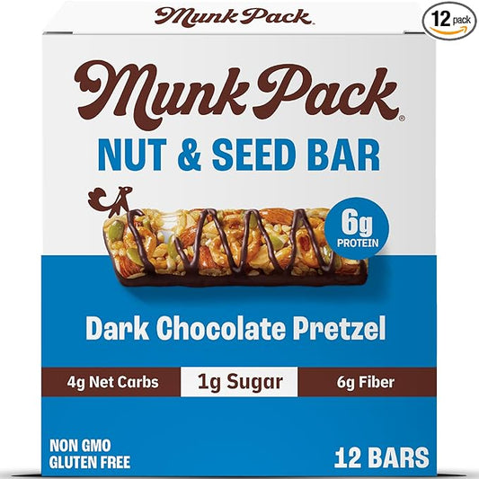 Munk Pack Keto Snack Bars, Dark Chocolate Pretzel - Low Carb Nut Bar with 6g Protein, 1g Sugar with Allulose - Gluten Free & Low Glycemic - 12 Count