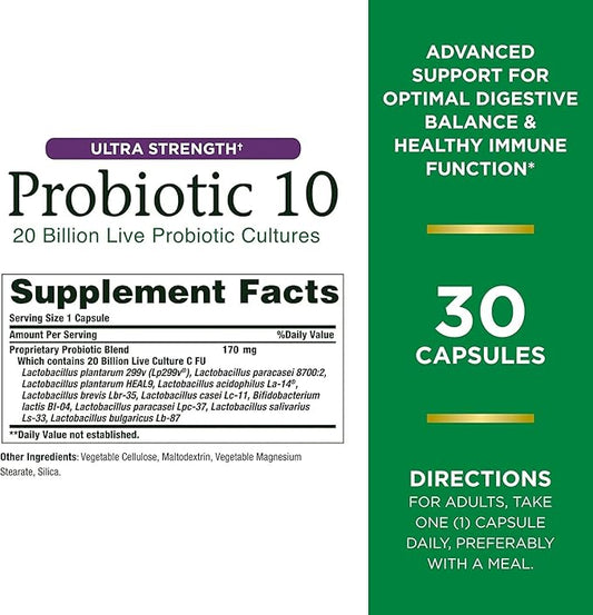 Nature's Bounty Ultra Strength Probiotic 10 Twin Pack, Immune and Upper Respiratory Health, 30 Count (Pack of 2)