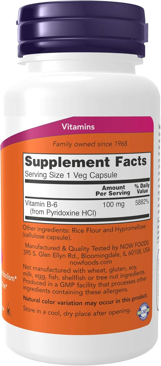 NOW Supplements, Vitamin B-6 (Pyridoxine HCl) 100 mg, Cardiovascular Health*, 100 Veg Capsules (Pack of 2)