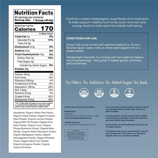 Wavelength Organic Plant-Based Superfood Protein Powder! Consciously Crafted! USDA Organic, Plant-Based, Vegan, Soy-Free, Dairy Free, No Added Sugar! Chocolate or Vanilla!