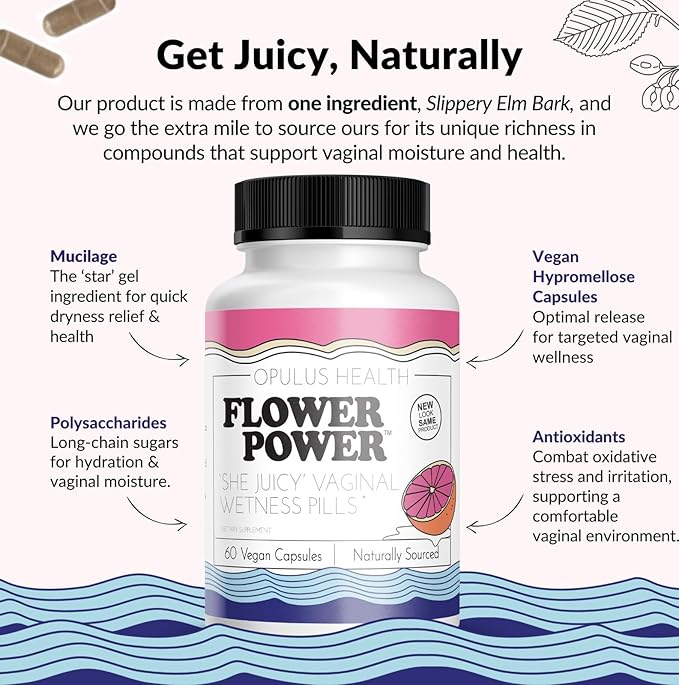 Flower Power She Juicy Vaginal Moisturizer | Feminine Care for Women - 60 ct - End Vaginal Dryness with Slippery Elm Bark | Feminine Care for Vaginal Health - Made in USA