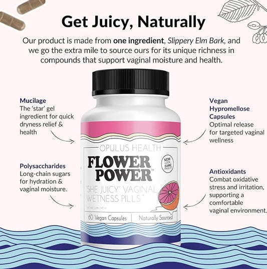 Flower Power She Juicy Vaginal Moisturizer | Feminine Care for Women - 60 ct - End Vaginal Dryness with Slippery Elm Bark | Feminine Care for Vaginal Health - Made in USA