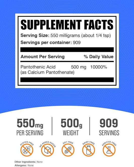 BulkSupplements.com Vitamin B5 Powder - as Calcium Pantothenate, B5 Vitamins - Gluten Free, 500mg of Vitamin B5 Pantothenic Acid per Serving, 500g (1.1 lbs) (Pack of 1)