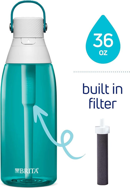 Brita Hard-Sided Plastic Premium Filtering Water Bottle, BPA-Free, Reusable, Replaces 300 Plastic Water Bottles, Filter Lasts 2 Months or 40 Gallons, Includes 1 Filter, Sea Glass - 36 oz.