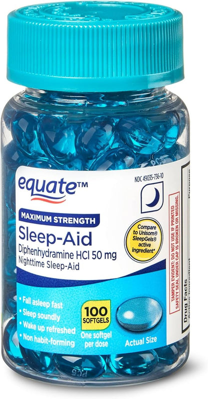 Diphenhydramine 50mg- Equate softgels Maximum Strength 100ct (Pack 1), Boxed