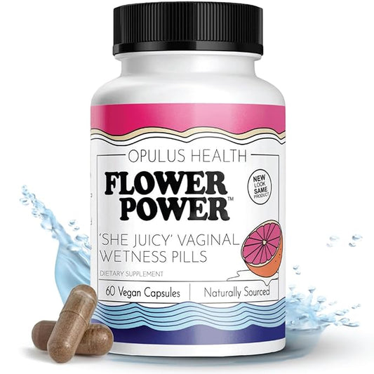 Flower Power She Juicy Vaginal Moisturizer | Feminine Care for Women - 60 ct - End Vaginal Dryness with Slippery Elm Bark | Feminine Care for Vaginal Health - Made in USA
