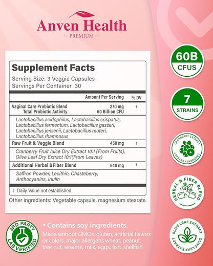 Vaginal Probiotics for Women - 60 Billion Womens Probiotic for Vaginal Flora, Odor, Yeast, Gut & Digestive Health with Saffron, Lecithin, Cranberry & Olive Leaf Extracts | 90 Veggie Caps
