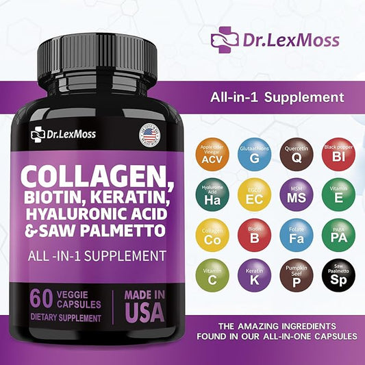 Collagen Pills 1000mg Biotin 10000mcg Keratin 2500mg Hyaluronic 60 Capsules