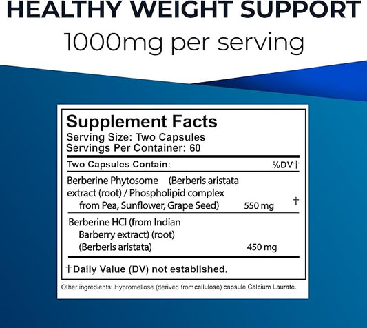 Ultimate Berberine Phytosome for Healthy Weight Management - Dual Action Formula with Berberine HCL - Carbohydrate Metabolism, GI, Immunity & Cholesterol Support - 1000mg Maximum Strength Supplement