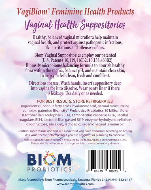 Biom Vaginal Probiotic Suppository: Natural Vaginal pH and Odor Control Regimen; Balance and Nourishes Vaginal Microbiome; No Parabens, No preservatives (15 count)